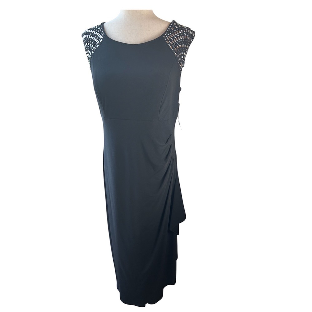R&M Richards Maxi Dress Women 14 Black Embellished Shoulder Ruched Side